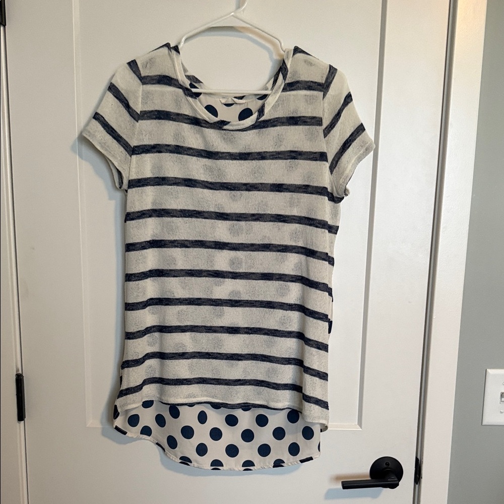 Navy and White Medium Striped Women's Short Sleeve Top
